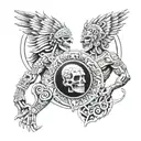 "Design a tattoo featuring an Aztec death god presenting a bloody heart to Quetzalcoatl during an eclipse."   tattoo design idea