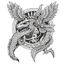 "Design a tattoo featuring an Aztec death god presenting a bloody heart to Quetzalcoatl during an eclipse."   tattoo design idea