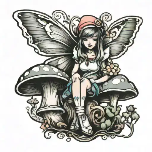 fairy with nurse cap sitting on a mushroom  tattoo design idea