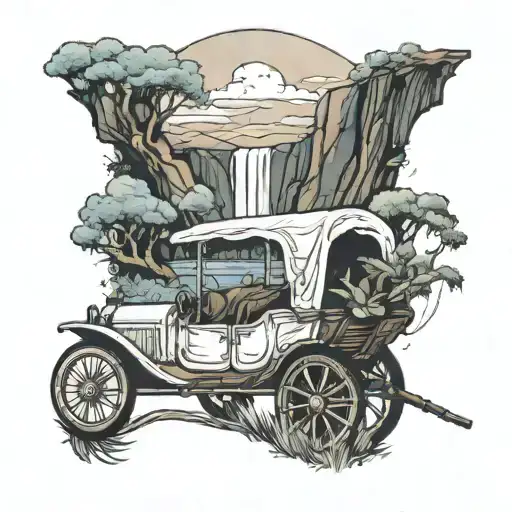 wagon landscape with white car and ends at a waterfall tattoo design idea