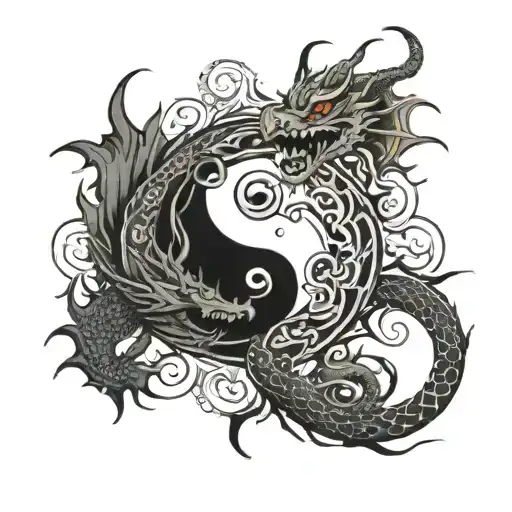 A harmoniously contrasting tattoo depicts a yin and yang symbol where the yin is represented by a fierce dragon and the  tattoo design idea
