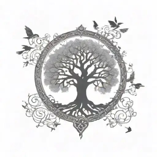 tree of life, silhouette birds flying away, Celtic knots tattoo design idea