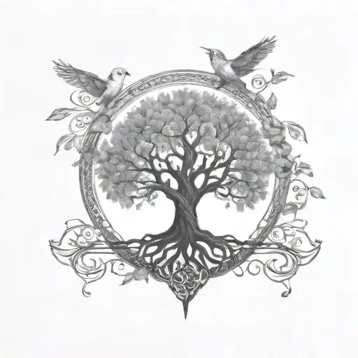 tree of life, hearts intertwined, silhouette birds flying away, Celtic knots tattoo design idea