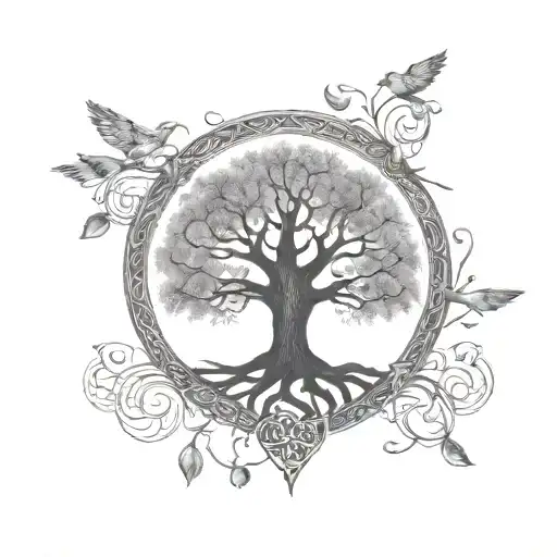 tree of life, hearts intertwined, birds flying away, Celtic knots tattoo design idea