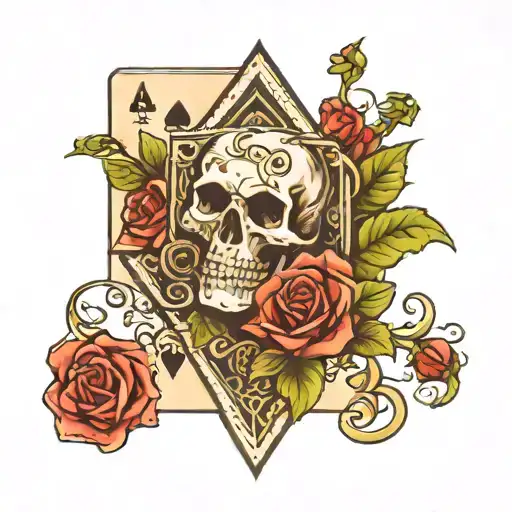 playing card ace of spades with skull and roses blooming tattoo design idea