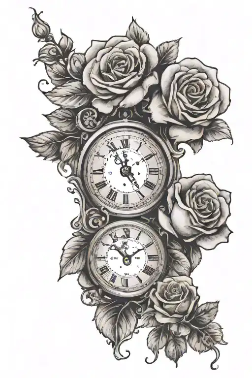 Two roses with a Roman-style clock in the centre, and the letters M and A in the roses tattoo design idea