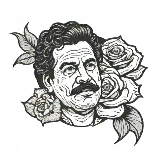 A stylized portrait of Pablo Escobar with a rose in his mouth tattoo design idea