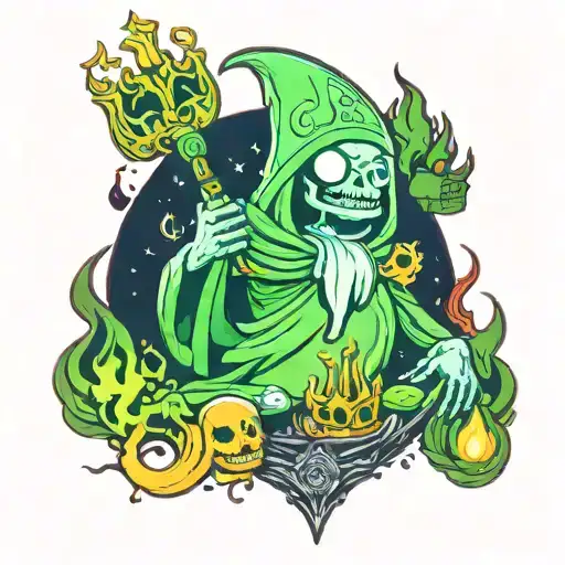 bright-green lich from adventure time  with green fire colorful tattoo design idea