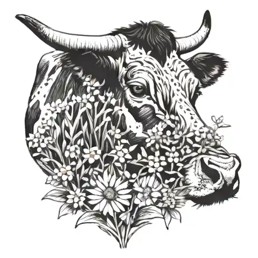 Combine a cow with a field of wildflowers in a blackwork style tattoo tattoo design idea