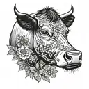 Combine a cow with a field of wildflowers in a blackwork style tattoo tattoo design idea