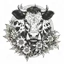 Combine a cow with a field of wildflowers in a blackwork style tattoo tattoo design idea