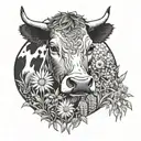 Combine a cow with a field of wildflowers in a blackwork style tattoo tattoo design idea