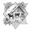 A geometric mandala design incorporating elements of a barn and farm animals tattoo design idea