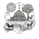 A geometric mandala design incorporating elements of a barn and farm animals tattoo design idea
