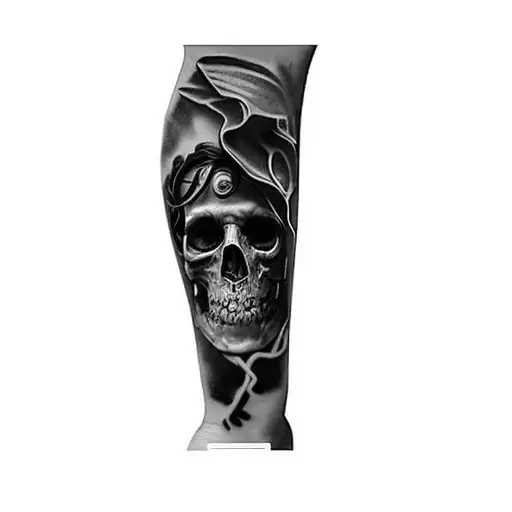 deixe a imagem inteira, homem de cartola e chapel sentado, fundo preto, com uma caveira se desfazendo em fumaça  tattoo design idea