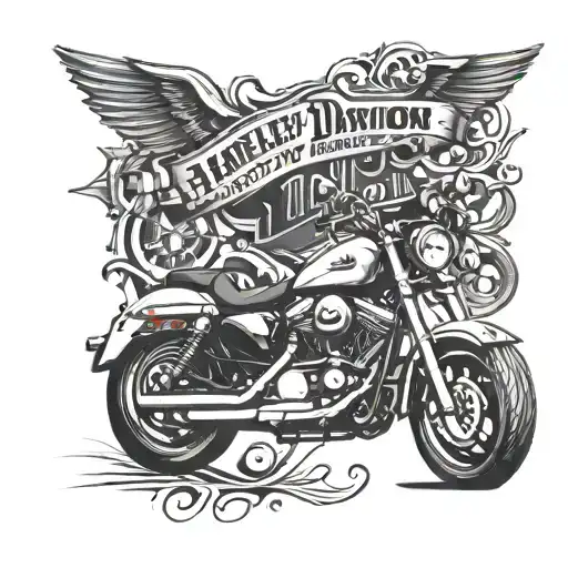 Incorporate a Harley Davidson motorcycle into a detailed blackwork design, symbolizing your love for bike rides and your favorite brand. tattoo design idea