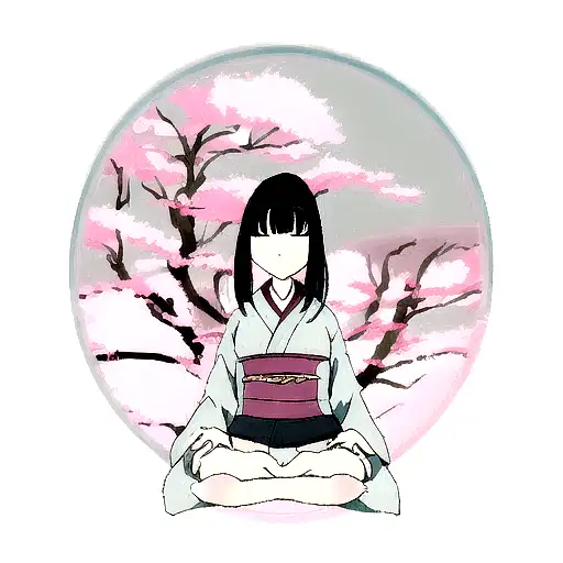 A serene Japanese woman meditating under a cherry blossom tree surrounded by floating chakra symbols tattoo design idea