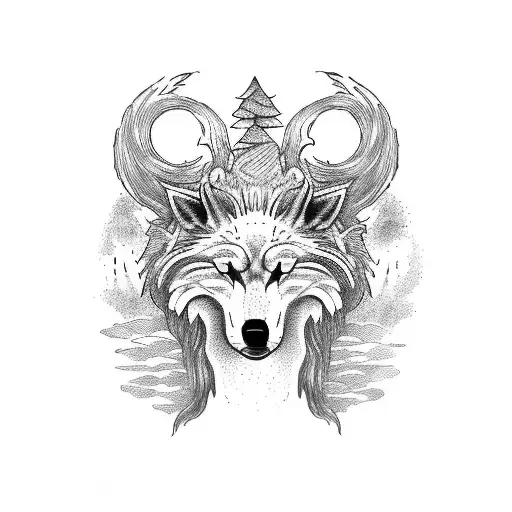 Yggdrasil tree with head of wolf on the right side and crow head on the left side and Vegvisir intertwined in bottom tattoo design idea