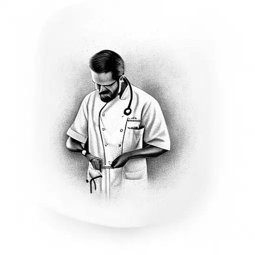 A black and grey portrait of the client holding a spatula and a stethoscope, symbolizing their passion for both cooking and medicine tattoo design idea