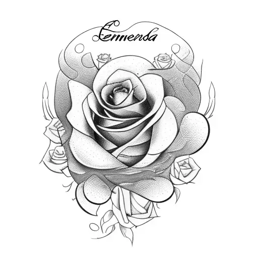 The name esmeralda in cursive with roses around it tattoo design idea