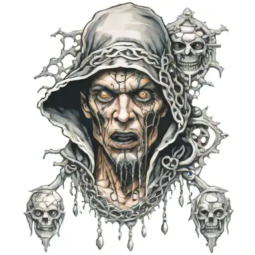 horor charakter with scars and multiple eyes with diamond chain tattoo design idea