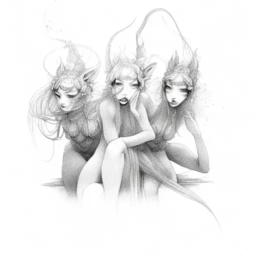 three nymphs threading silk tattoo design idea