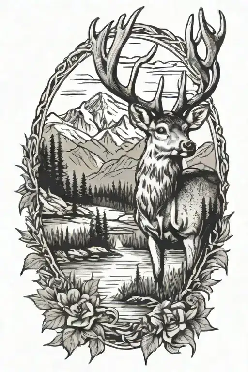 whitetail dear mountains and river with bow hunter  tattoo design idea