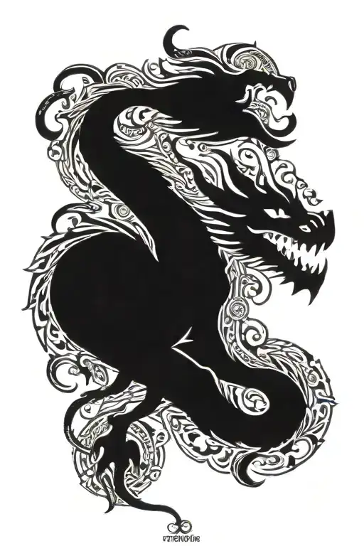 A mosaic-like design featuring elements of Turkish folklore and mythology, such as dragons and heroes, inspired by Tarih tattoo design idea