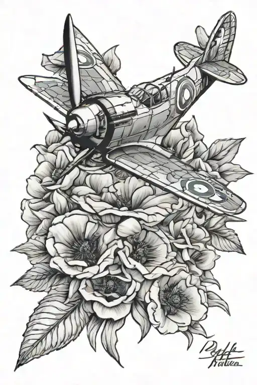 RAF spitfire with bottle kiln and poppies blooming tattoo design idea
