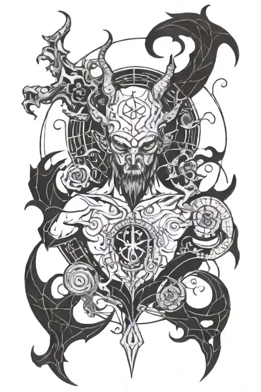 A demonic figure with intricate blackwork details, surrounded by symbols of Satanism tattoo design idea