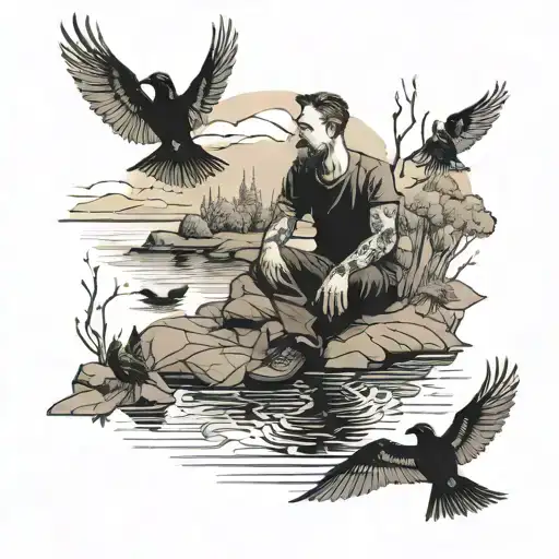 man by a river with blackbirds sitting tattoo design idea