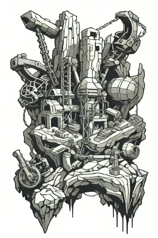 A detailed rock formation intertwined with mining tools and equipment tattoo design idea
