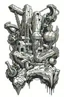 A detailed rock formation intertwined with mining tools and equipment tattoo design idea