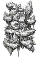 A detailed rock formation intertwined with mining tools and equipment tattoo design idea
