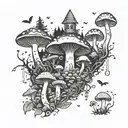 A mystical forest scene with various types of mushrooms scattered throughout, creating a whimsical and enchanting atmosphere tattoo design idea