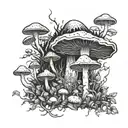 A mystical forest scene with various types of mushrooms scattered throughout, creating a whimsical and enchanting atmosphere tattoo design idea