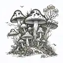 A mystical forest scene with various types of mushrooms scattered throughout, creating a whimsical and enchanting atmosphere tattoo design idea