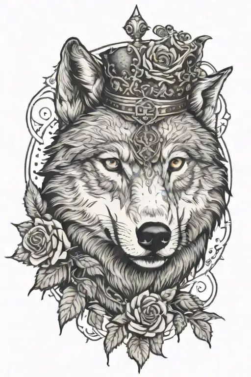 wolf with a cross in one eye with a rose surrounded by a crown of thorns tattoo design idea