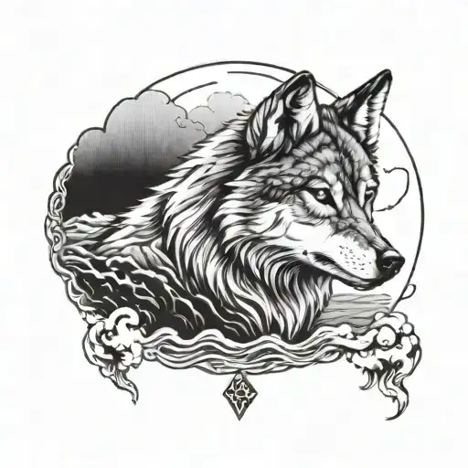 a calm wolf in the middle of a storm at sea tattoo design idea