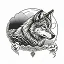 a calm wolf in the middle of a storm at sea tattoo design idea