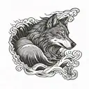 a calm wolf in the middle of a storm at sea tattoo design idea