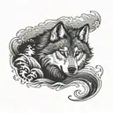 a calm wolf in the middle of a storm at sea tattoo design idea
