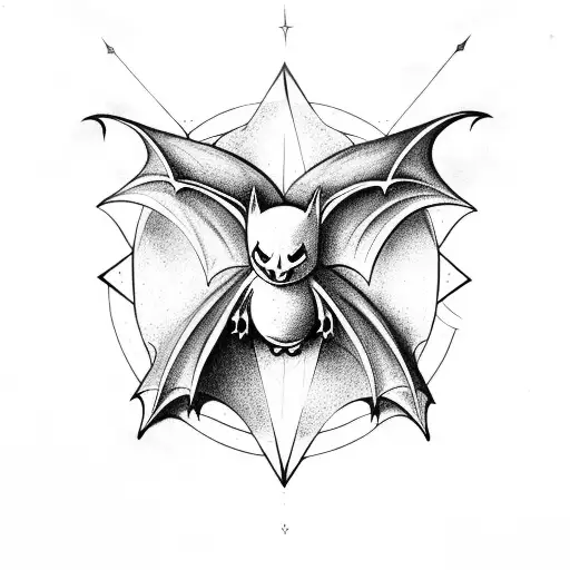 witchy bat with pentagram and moons tattoo design idea