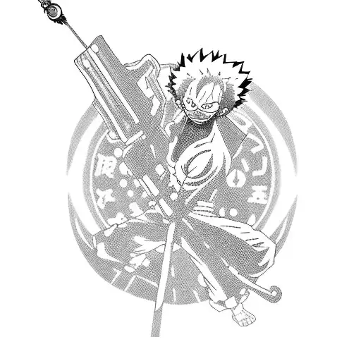 A mashup of characters from One Piece, Bleach, My Hero Academia, and Jujutsu Kaisen in a video game-inspired scene tattoo design idea