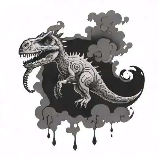 A hookah smoke cloud shaped like a dinosaur, with intricate black-grey shading tattoo design idea
