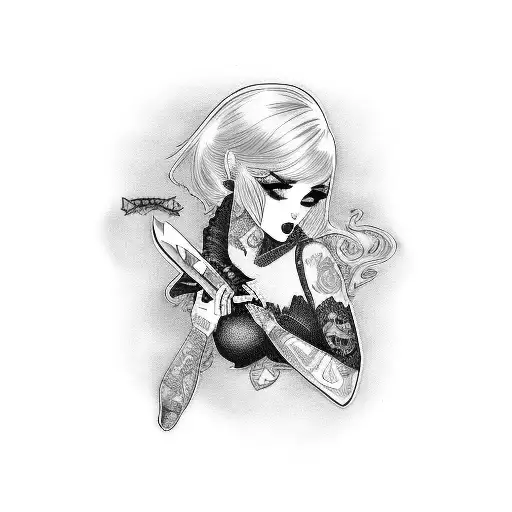 emo pinup girl with a box cutter tattoo design idea