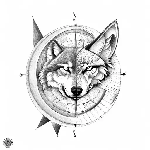 Compass, wolf, moon tattoo design idea