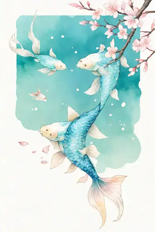 cherry blossom petals falling with koi fish swimming tattoo design idea