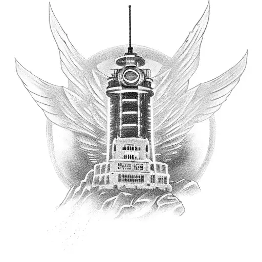 Bioshock song bird with open wings behind the iconic bioshock light house with the city of rapture below the ocean tattoo design idea