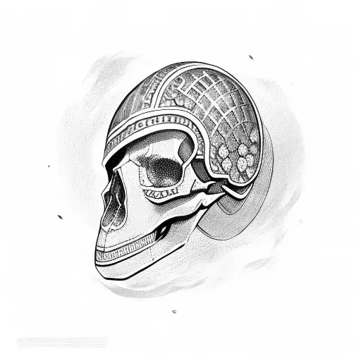 skull wearing a Roman hoplite helmet tattoo design idea